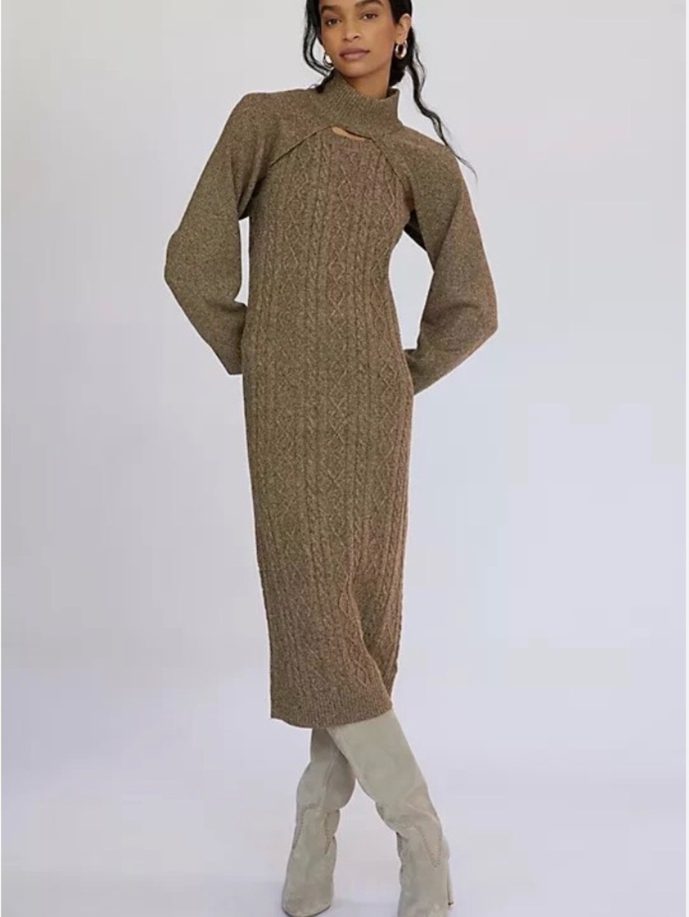 Anthropologie Cable-Knit Midi Sweater Dress Set in a cedar taupe brown Size M